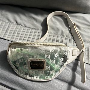 Bebe belt bag/fanny pack clear with a soft leather like, adjustable strap.